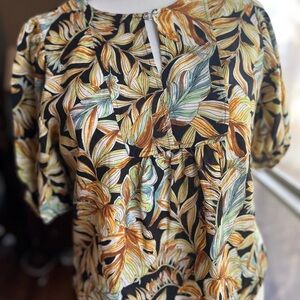 Panama Jack Linen Blend Tropical Leaf Blouse L Vintage Resort Coastal Grandma